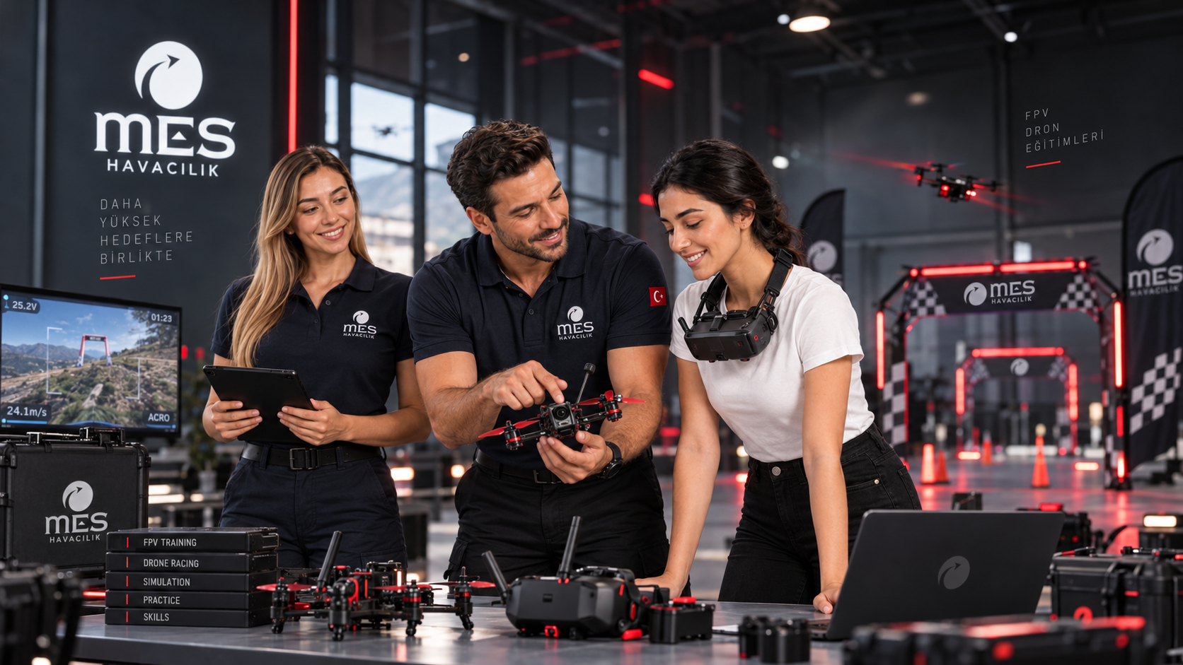 FPV gözlüğü ve kumandayla yarış koltuğunda oturan pilot