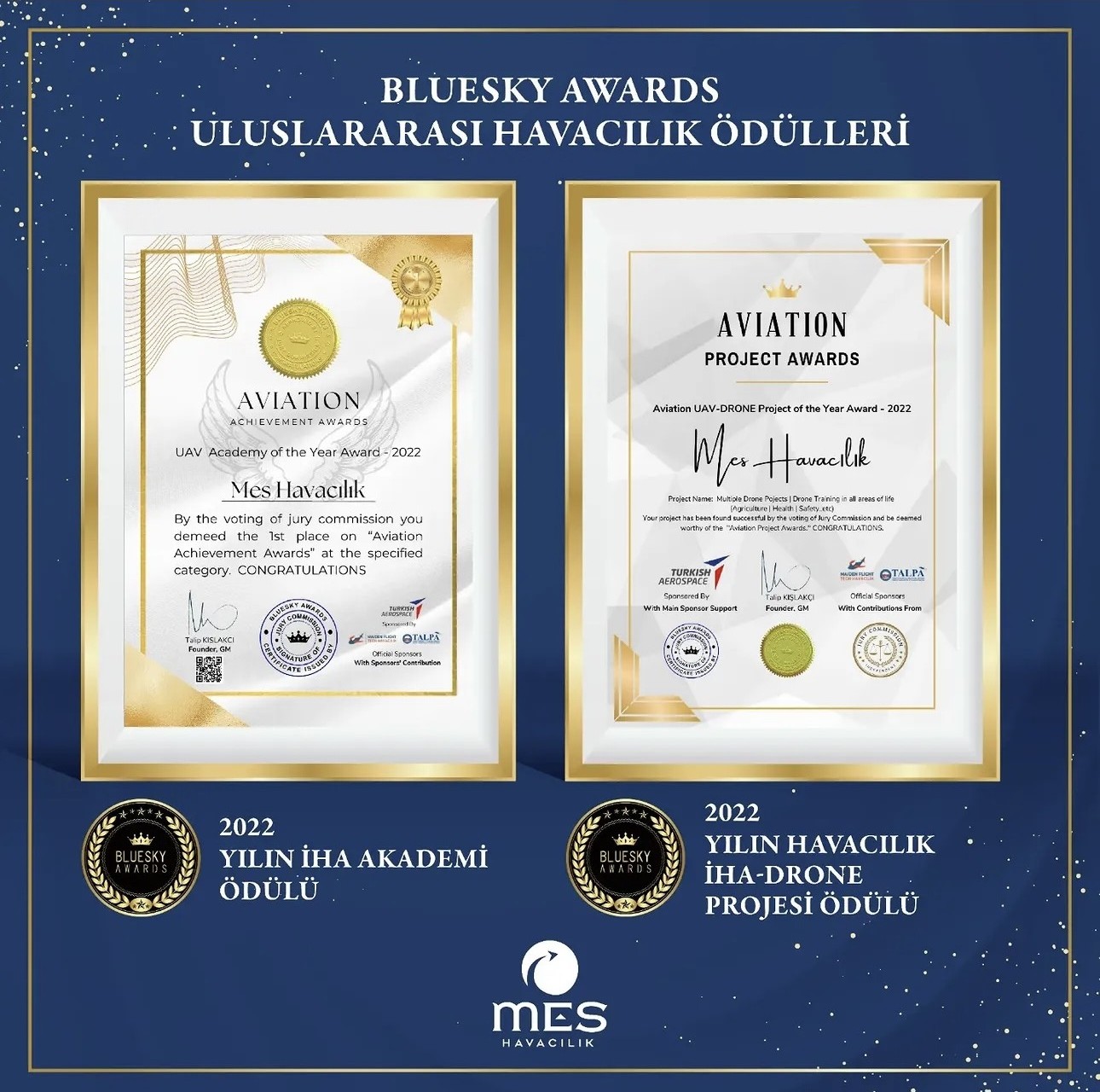 MES Havacılık 2022 Bluesky Awards: Yılın İHA Akademisi ve Yılın Havacılık İHA-Drone Projesi ödül belgeleri