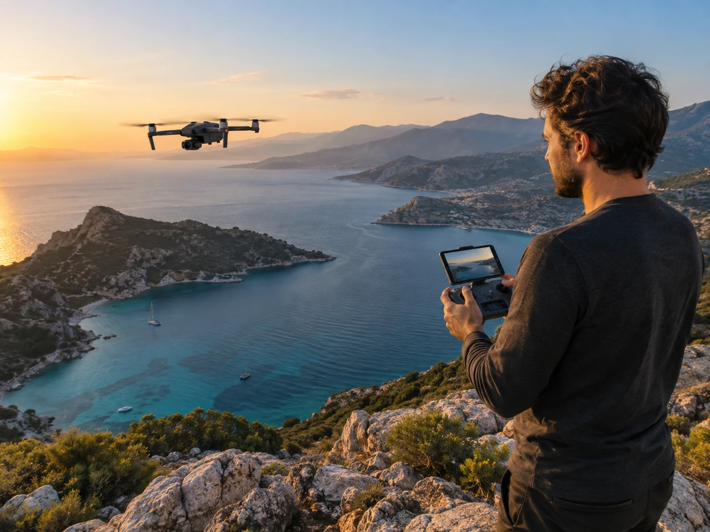 Kıyı manzarasında kamera dronuyla havadan çekim yapan pilot