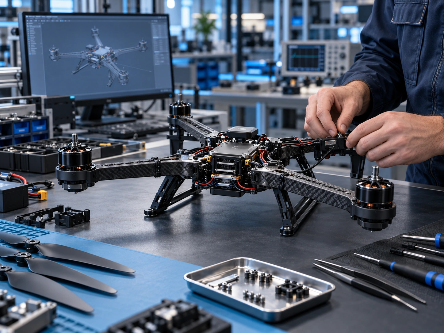 Teknik atölyede karbon gövdeli İHA montajı ve sistem geliştirme