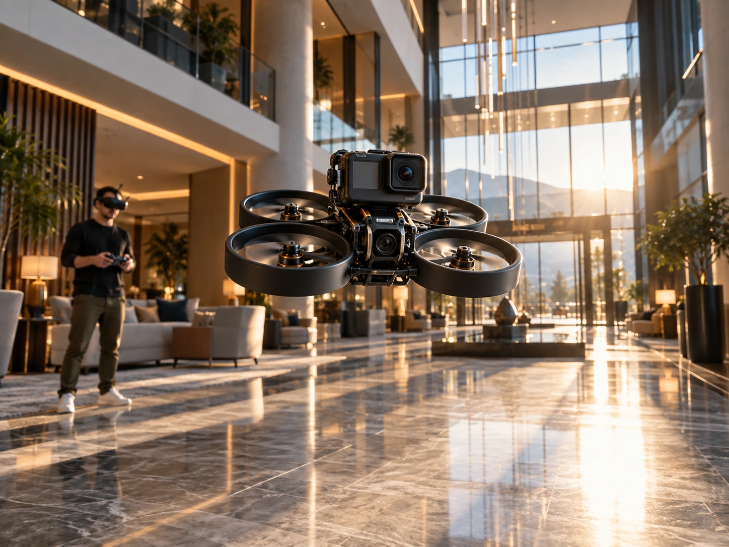 Modern bir iç mekânda cinewhoop drone ile FPV çekim hazırlığı