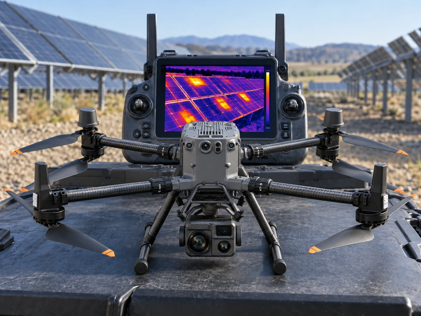 Güneş enerjisi tesisinde DJI Matrice 350 RTK ve termal inceleme kumandası